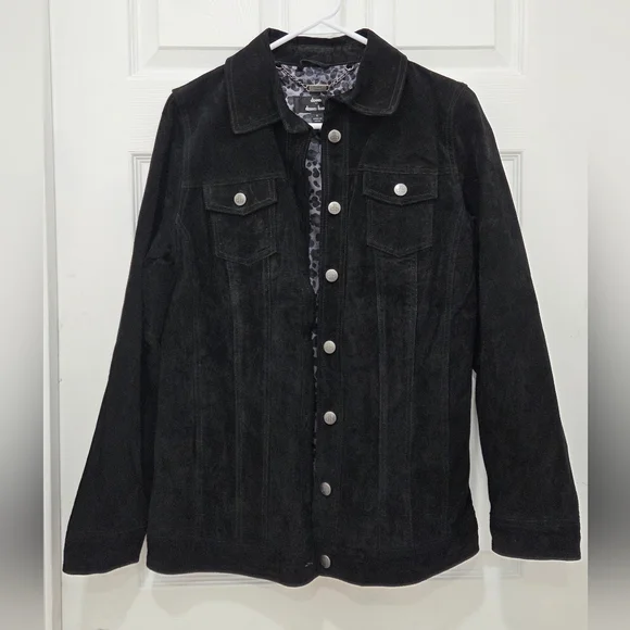 Dennis Basso Suede Leather Button Front Black Jacket Women’s Sz Small Washable - Picture 4 of 16